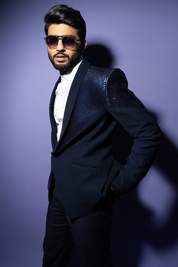 Navy Stretch Blazer Set by YOSEBA at Pernia's Pop Up Shop
