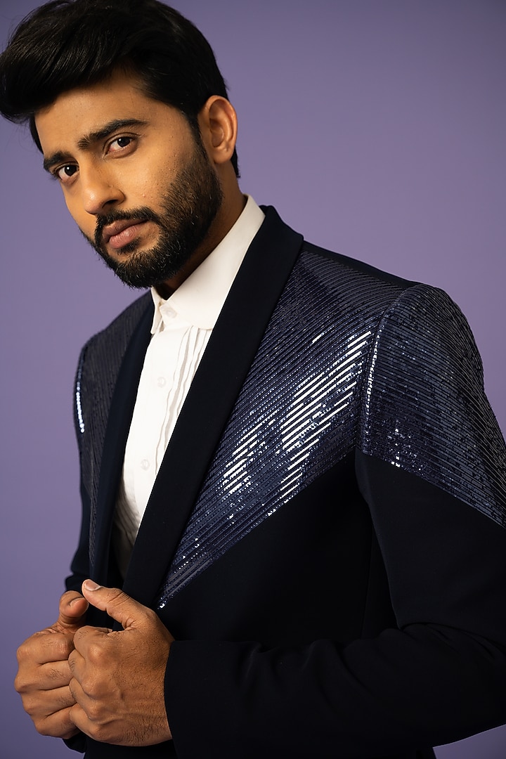 Navy Stretch Blazer Set by YOSEBA at Pernia's Pop Up Shop