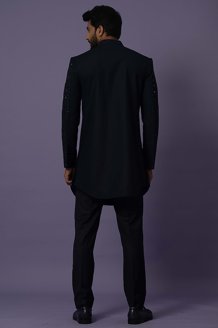 Blue Suiting Embroidered Achkan Jacket Set by YOSEBA at Pernia's Pop Up Shop