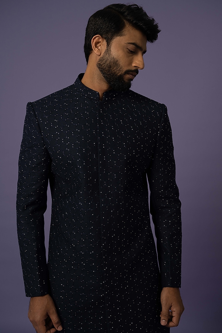 Blue Suiting Embroidered Achkan Jacket Set by YOSEBA at Pernia's Pop Up Shop