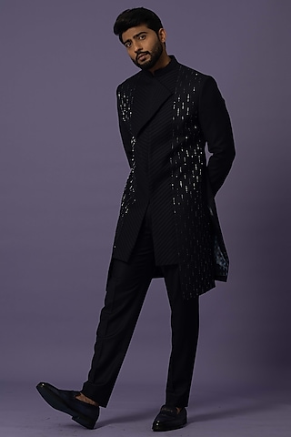 Blue Suiting Embroidered Achkan Jacket Set by YOSEBA
