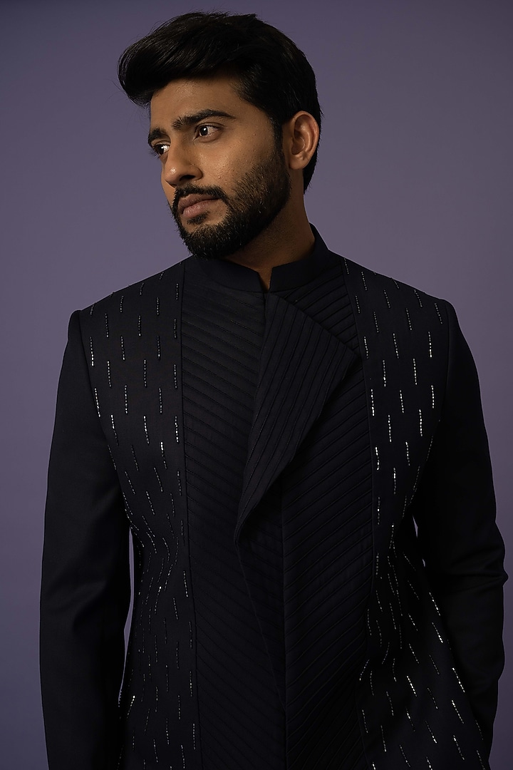 Blue Suiting Embroidered Achkan Jacket Set by YOSEBA at Pernia's Pop Up Shop