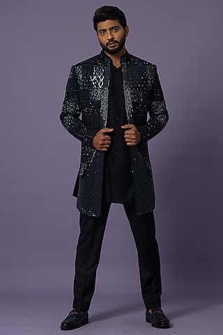 Blue Suiting Embroidered Indowestern Set by YOSEBA