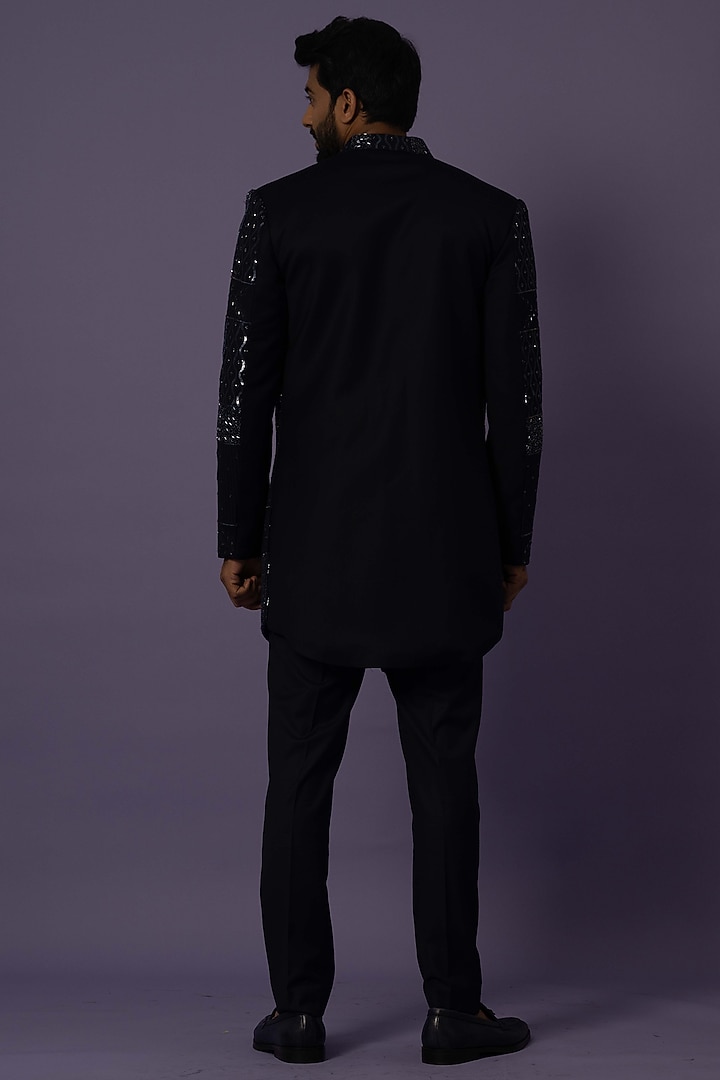 Blue Suiting Embroidered Wedding Indowestern Set by YOSEBA at Pernia's Pop Up Shop