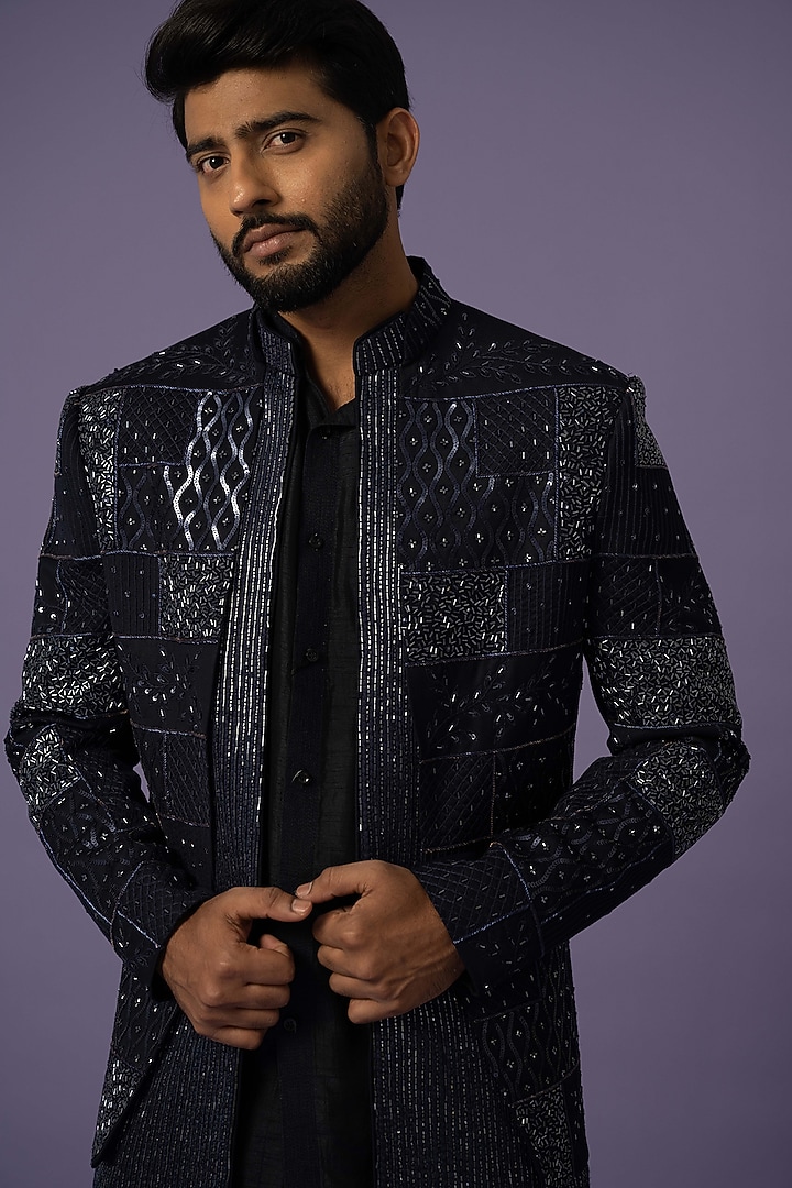 Blue Suiting Embroidered Wedding Indowestern Set by YOSEBA at Pernia's Pop Up Shop