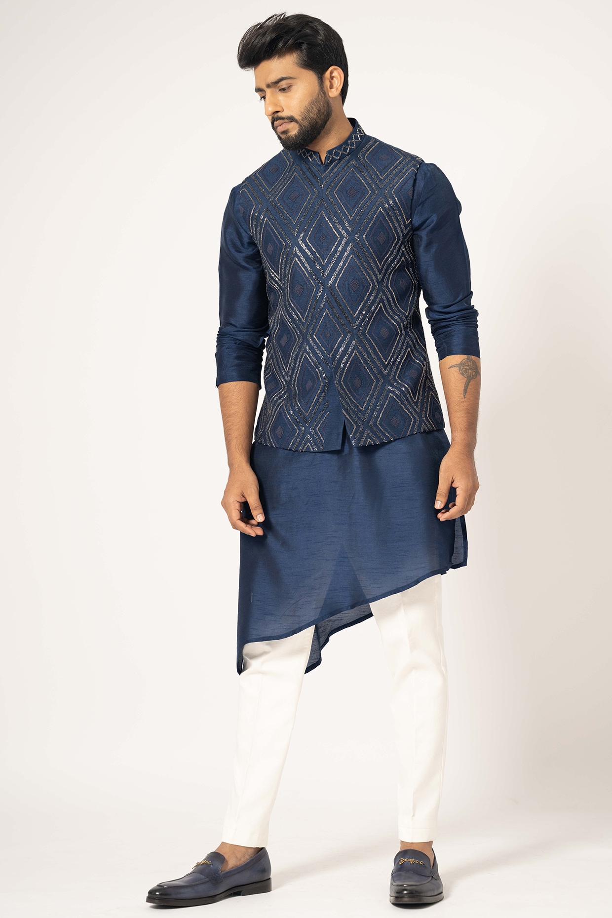 YOSEBA Blue Bam Silk Embroidered Nehru Jacket Set