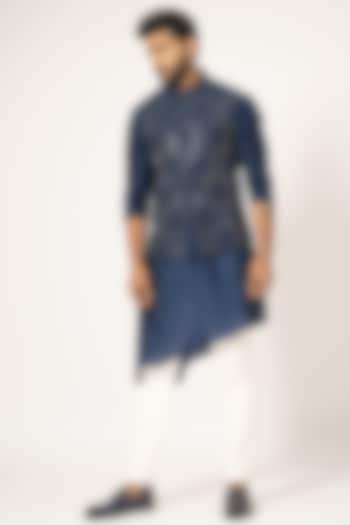 Blue Bam Silk Embroidered Nehru Jacket Set by YOSEBA