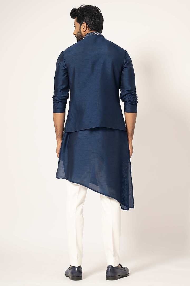 Blue Bam Silk Embroidered Nehru Jacket Set by YOSEBA at Pernia's Pop Up Shop