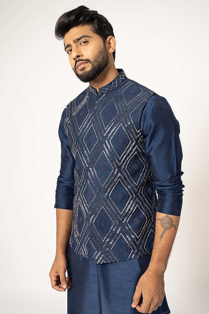 Blue Bam Silk Embroidered Nehru Jacket Set by YOSEBA at Pernia's Pop Up Shop