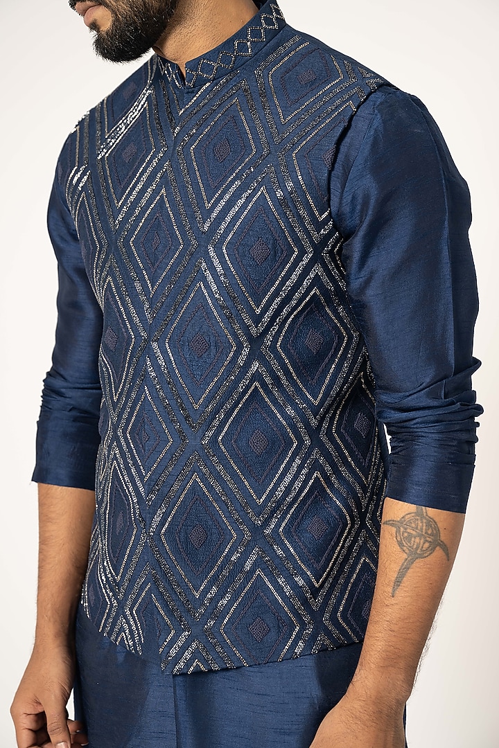 Blue Bam Silk Embroidered Nehru Jacket Set by YOSEBA at Pernia's Pop Up Shop