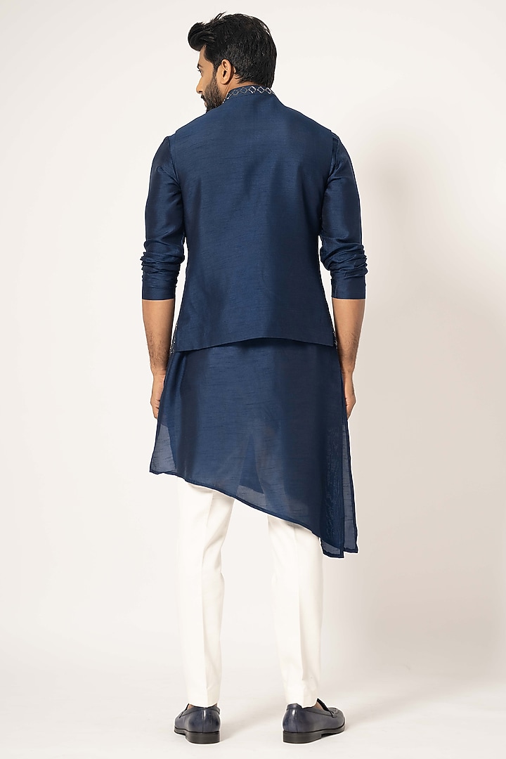 Blue Bam Silk Embroidered Nehru Jacket by YOSEBA at Pernia's Pop Up Shop