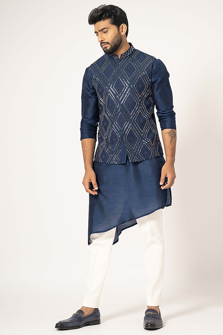 Blue Bam Silk Embroidered Nehru Jacket by YOSEBA at Pernia's Pop Up Shop