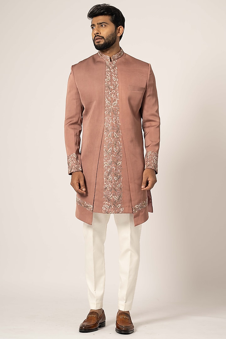 Dusty Pink Linen Satin Embroidered Achkan Jacket Set by YOSEBA