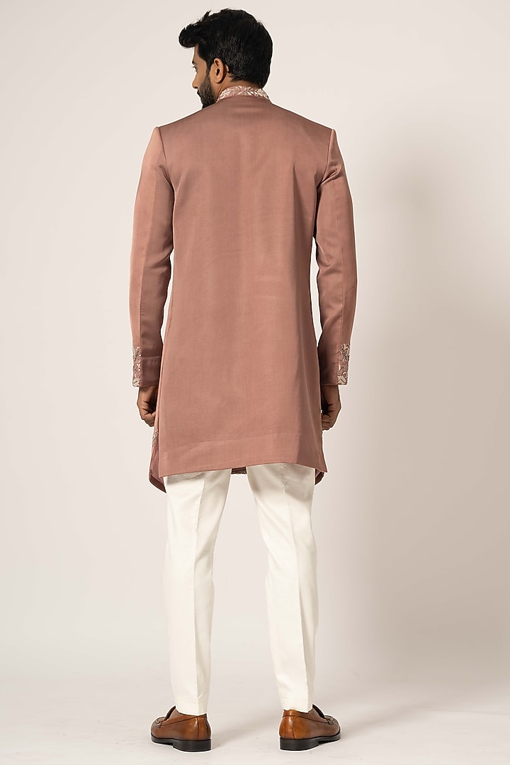 Dusty Pink Linen Satin Embroidered Achkan Jacket Set by YOSEBA at Pernia's Pop Up Shop