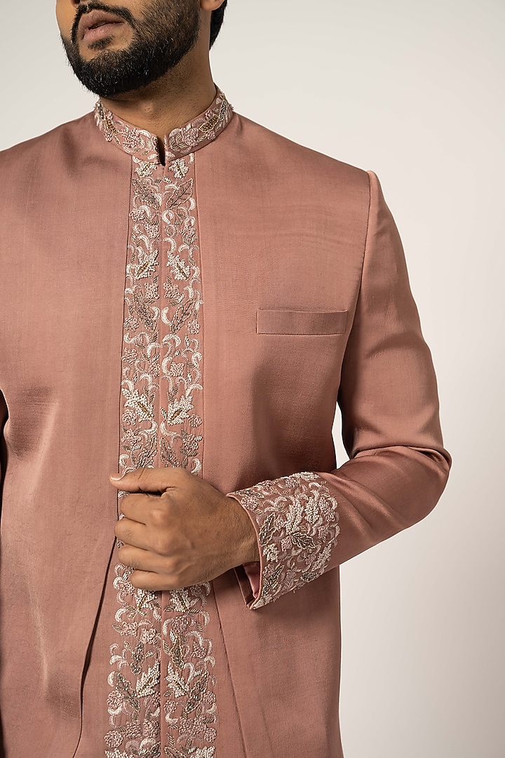 Dusty Pink Linen Satin Embroidered Achkan Jacket Set by YOSEBA at Pernia's Pop Up Shop