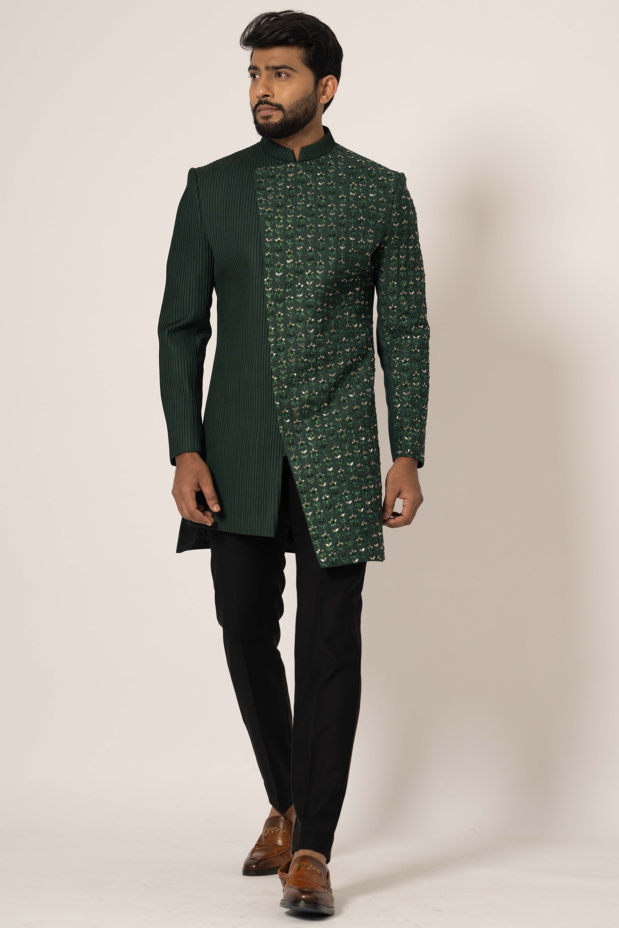 YOSEBA Green Suiting Indowestern Set