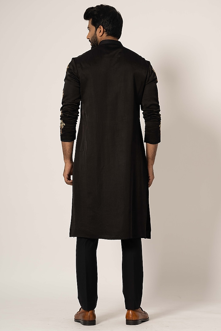 Black Linen Satin Embroidered Kurta Set by YOSEBA at Pernia's Pop Up Shop