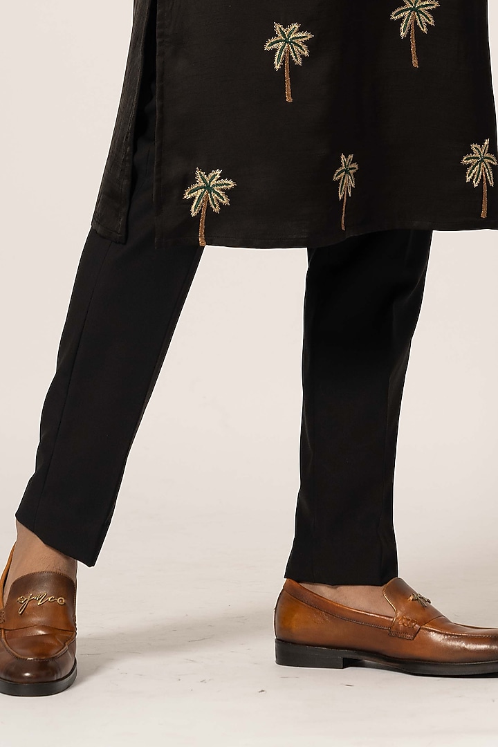Black Linen Satin Embroidered Kurta Set by YOSEBA at Pernia's Pop Up Shop