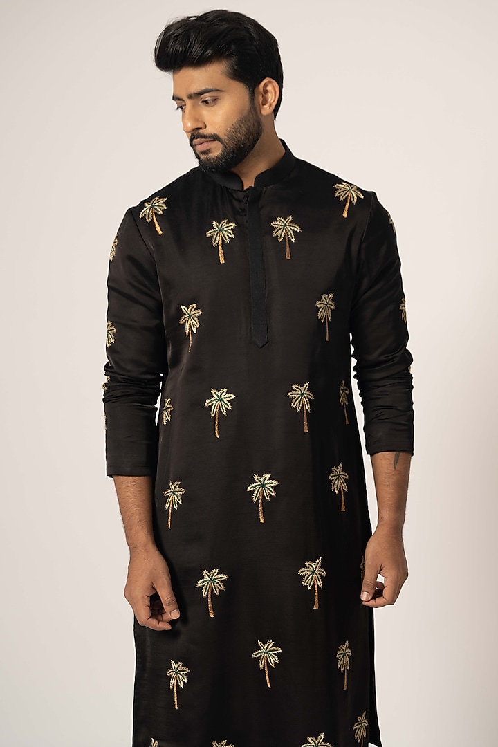 Black Linen Satin Embroidered Kurta Set by YOSEBA at Pernia's Pop Up Shop