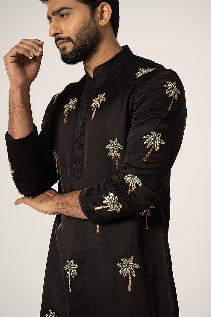 Black Linen Satin Embroidered Kurta Set by YOSEBA at Pernia's Pop Up Shop