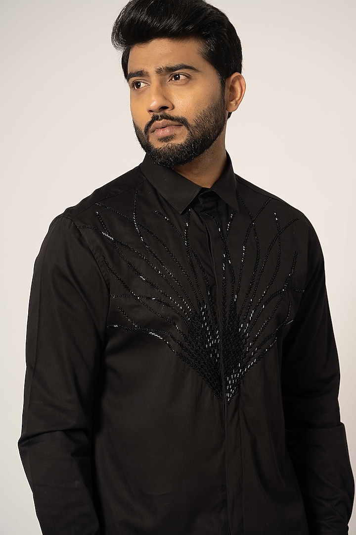 Black Cotton Embroidered Party Wear Shirt by YOSEBA at Pernia's Pop Up Shop