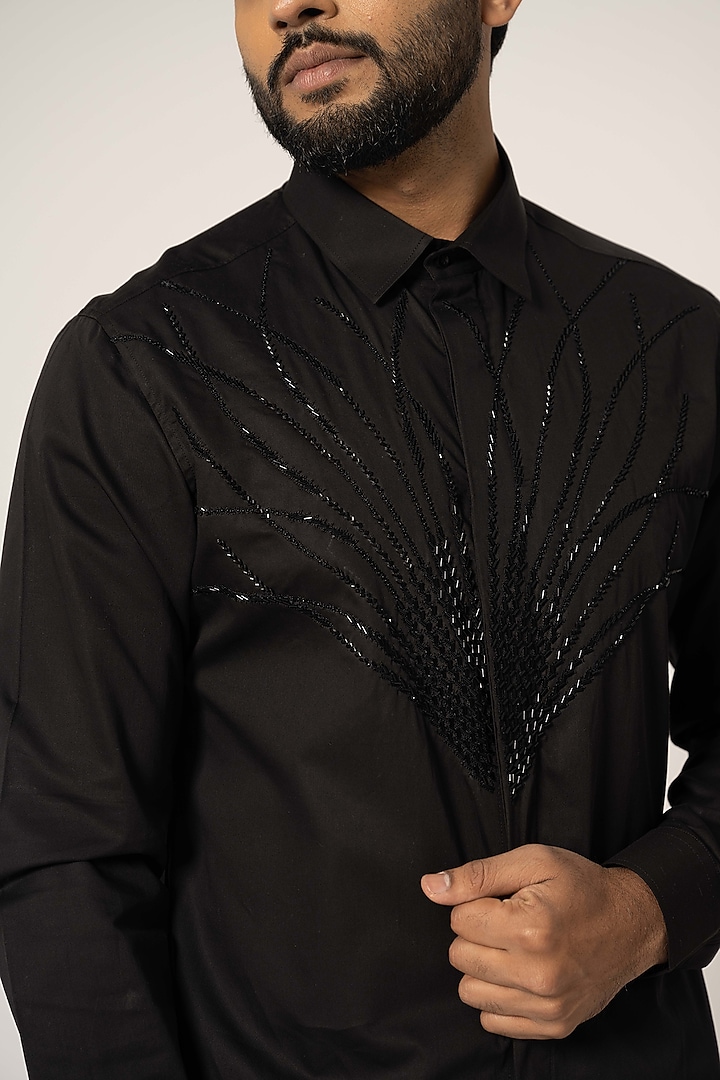 Black Cotton Embroidered Party Wear Shirt by YOSEBA at Pernia's Pop Up Shop