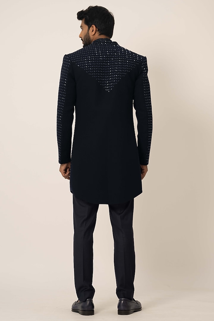 Navy Blue Stretch Embroidered Achkan Jacket Set by YOSEBA at Pernia's Pop Up Shop