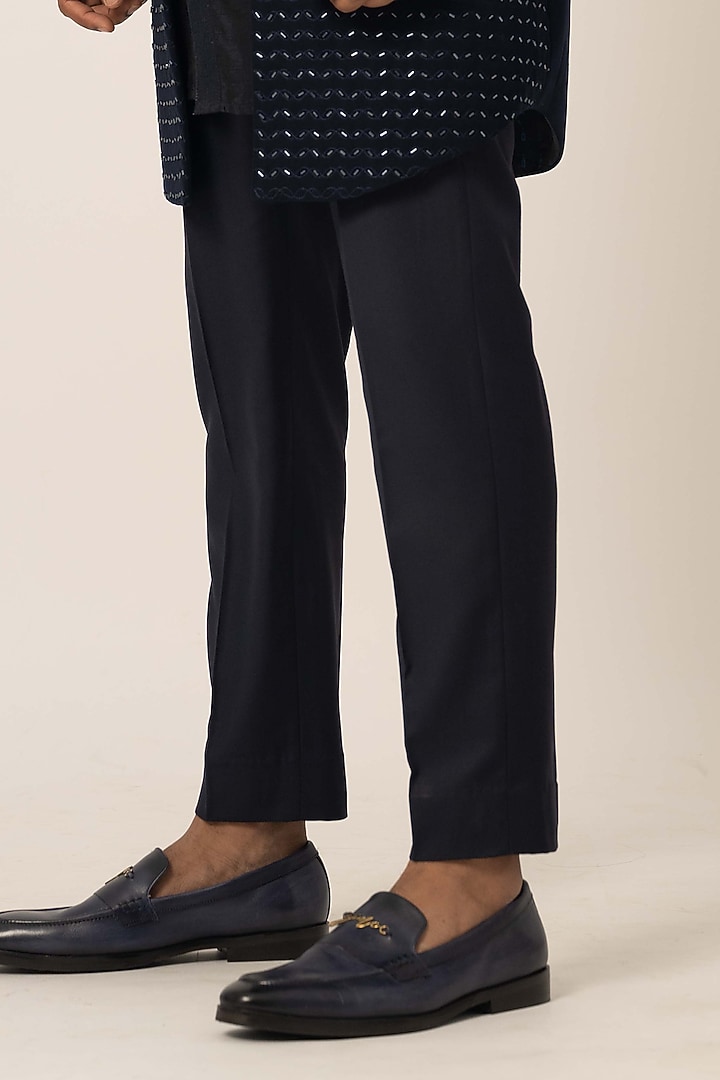 Navy Blue Stretch Embroidered Achkan Jacket Set by YOSEBA at Pernia's Pop Up Shop