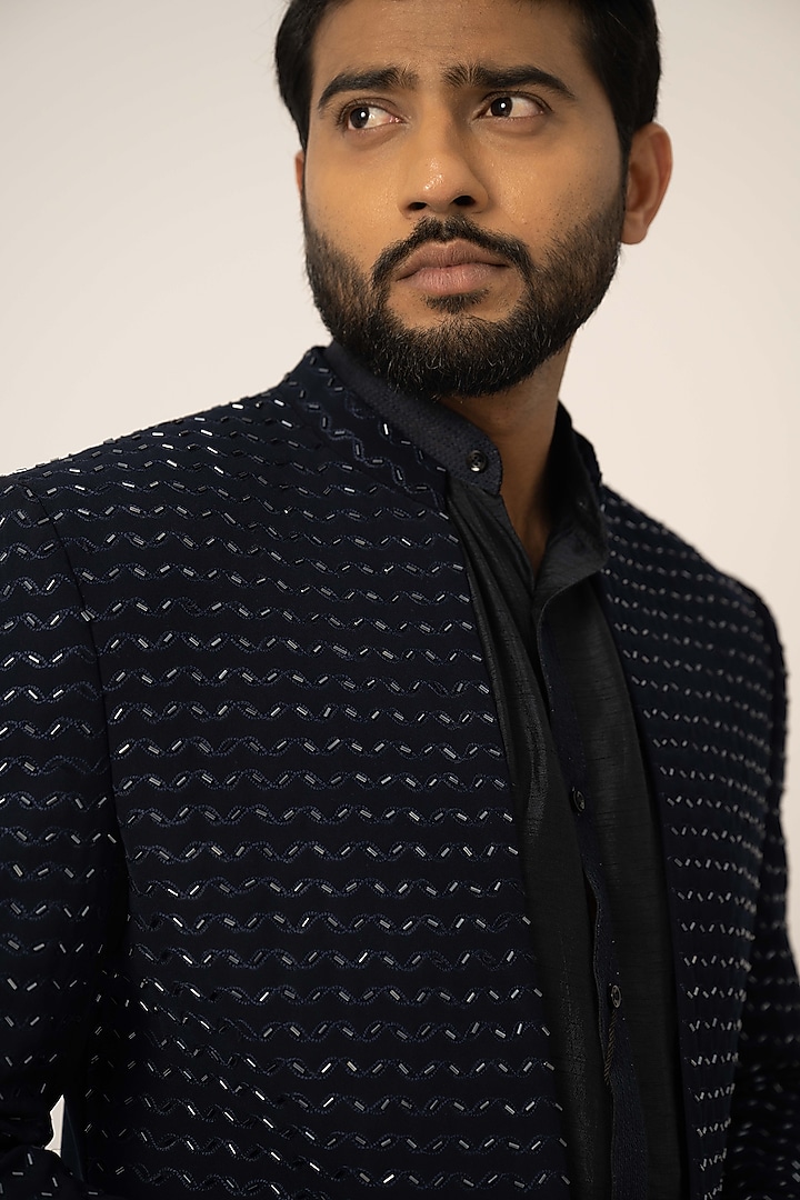 Navy Blue Stretch Embroidered Achkan Jacket Set by YOSEBA at Pernia's Pop Up Shop