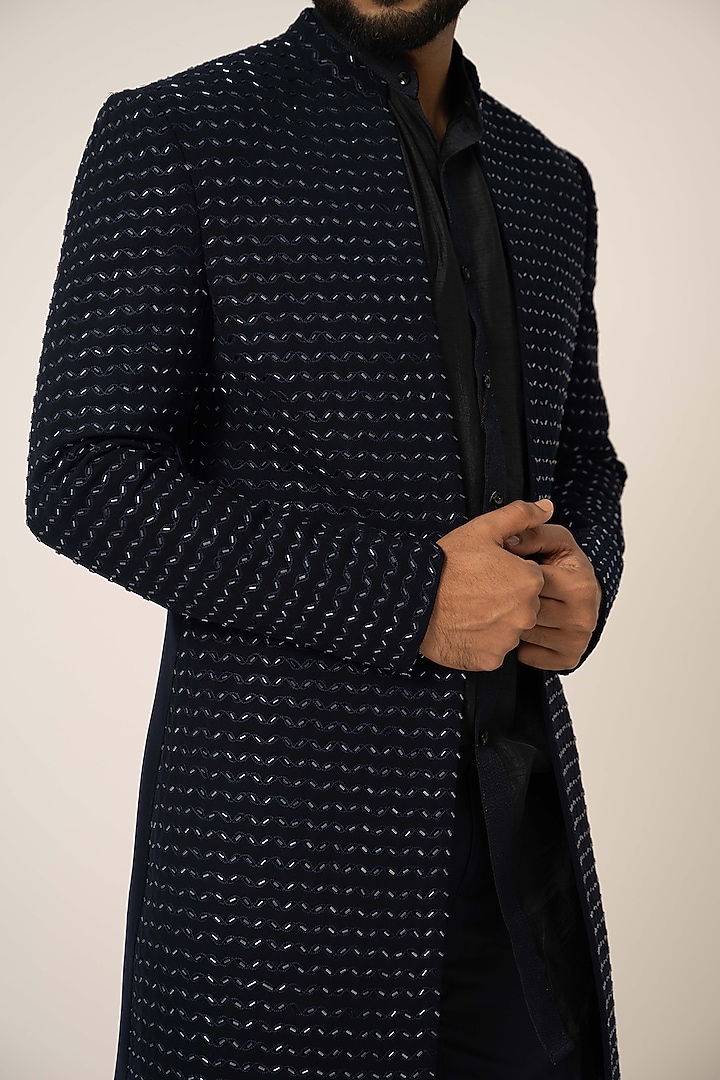 Navy Blue Stretch Embroidered Achkan Jacket Set by YOSEBA at Pernia's Pop Up Shop