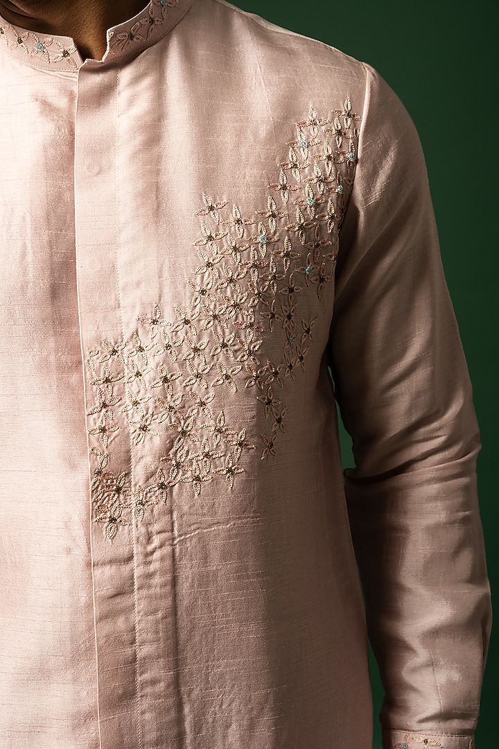 Rose Pink Bam Silk Embroidered Kurta Set by YOSEBA at Pernia's Pop Up Shop