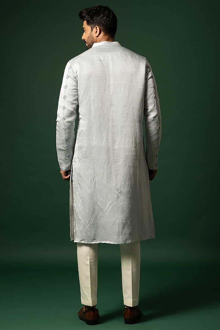Harbor Grey Linen Satin Embroidered Kurta Set by YOSEBA at Pernia's Pop Up Shop