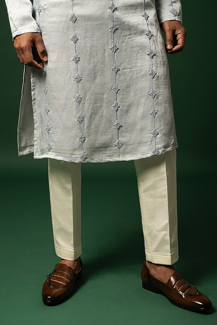 Harbor Grey Linen Satin Embroidered Kurta Set by YOSEBA at Pernia's Pop Up Shop