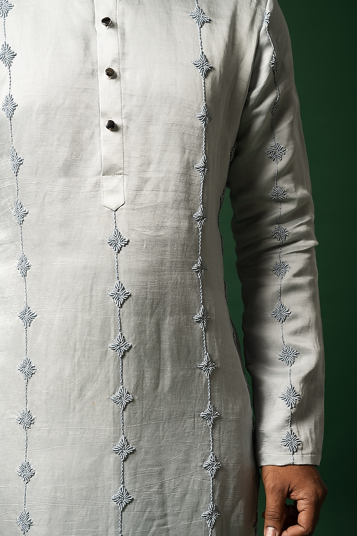 Harbor Grey Linen Satin Embroidered Kurta Set by YOSEBA at Pernia's Pop Up Shop
