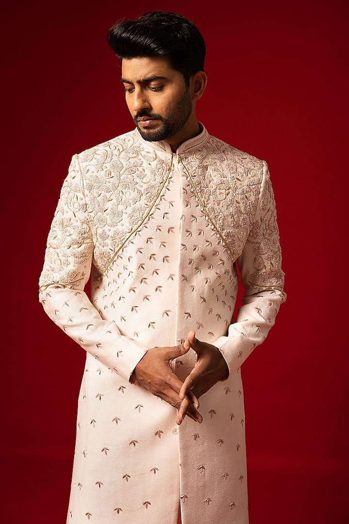 Rose Gold Silk Embroidered Wedding Sherwani Set by YOSEBA at Pernia's Pop Up Shop