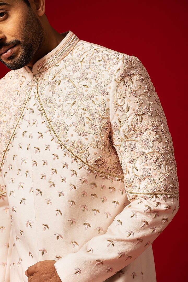 Rose Gold Silk Embroidered Wedding Sherwani Set by YOSEBA at Pernia's Pop Up Shop