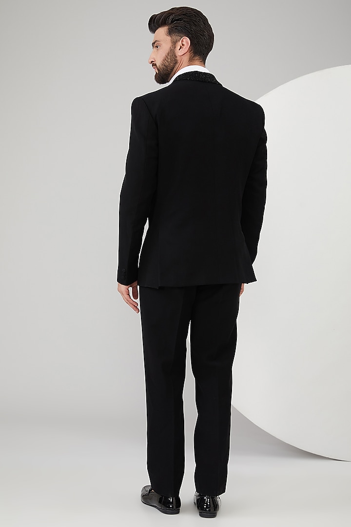 Black Stretch Suiting Cutdana Embellished Blazer Set by YOSEBA at Pernia's Pop Up Shop