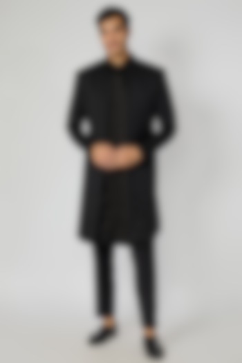 Black Suiting Fabric Cutdana Embellished Achkan Jacket Set by YOSEBA