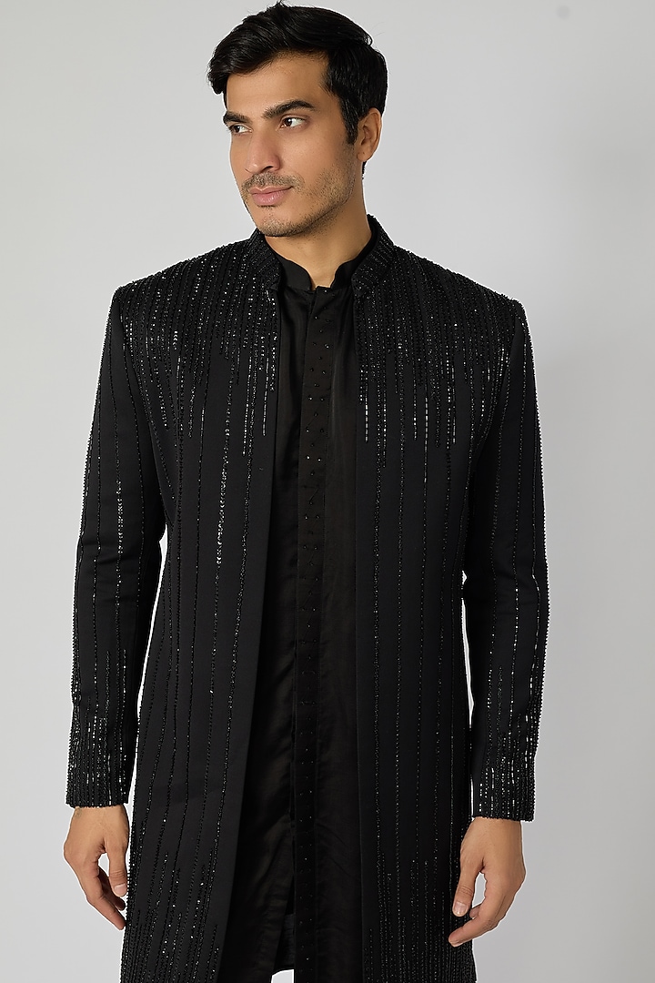 Black Premium Suiting Thread Work Open Jacket Set by YOSEBA at Pernia's Pop Up Shop