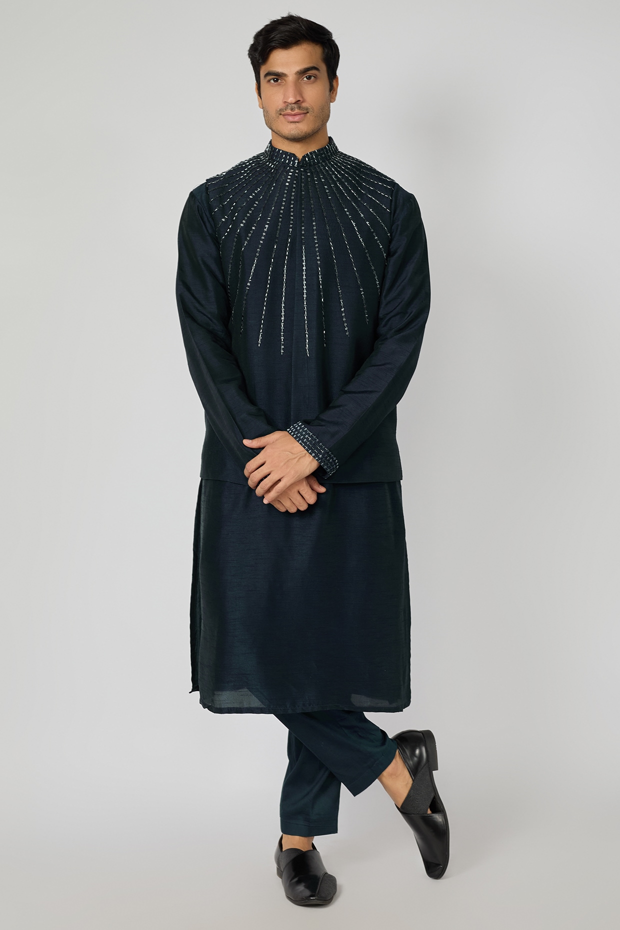 YOSEBA Navy Blue Suiting Fabric Cutdana Embellished Nehru Jacket Set