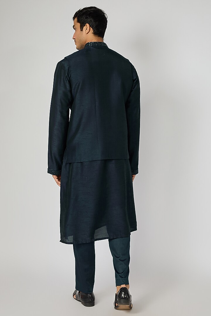Navy Blue Suiting Fabric Cutdana Embellished Nehru Jacket Set by YOSEBA at Pernia's Pop Up Shop