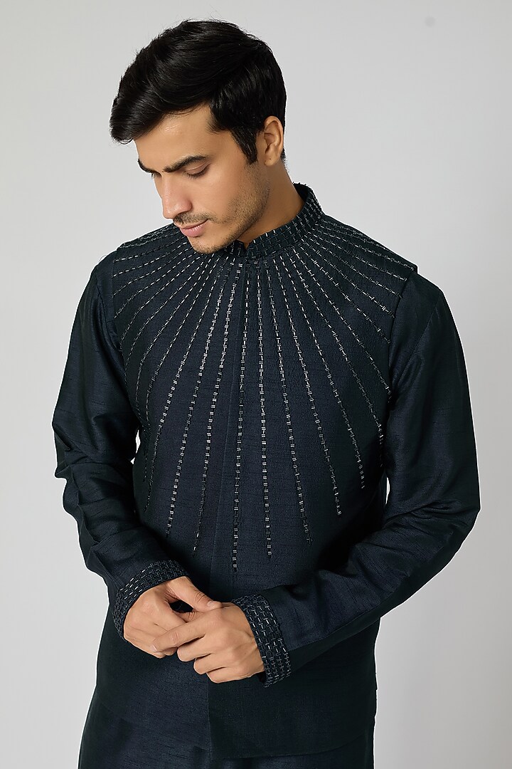 Navy Blue Suiting Fabric Cutdana Embellished Nehru Jacket Set by YOSEBA at Pernia's Pop Up Shop