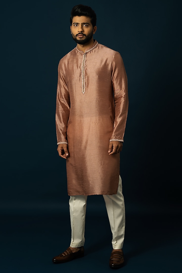 Onion Pink Bam Silk Embroidered Kurta Set by YOSEBA at Pernia's Pop Up Shop