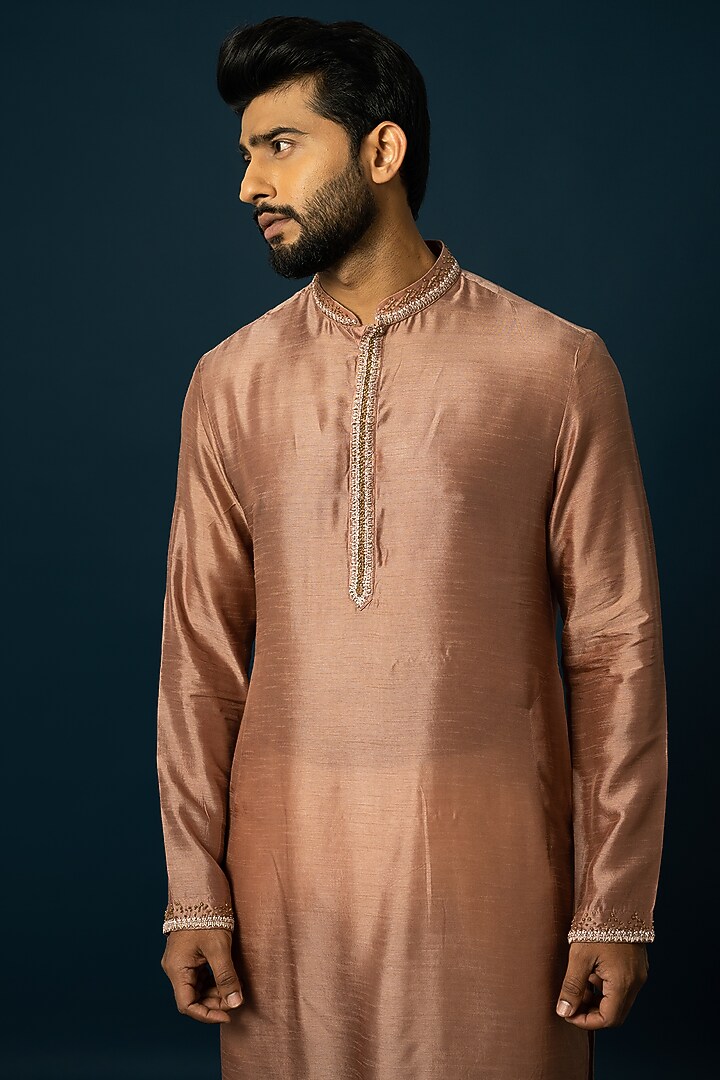 Onion Pink Bam Silk Embroidered Kurta Set by YOSEBA at Pernia's Pop Up Shop