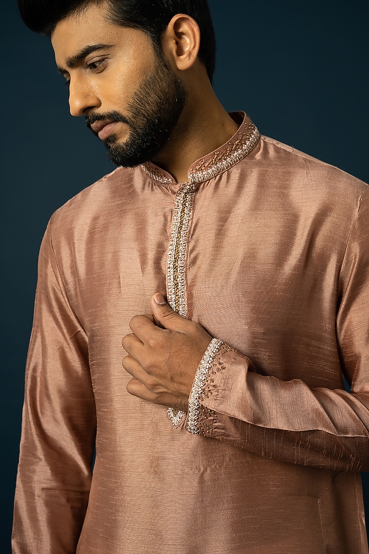 Onion Pink Bam Silk Embroidered Kurta Set by YOSEBA at Pernia's Pop Up Shop