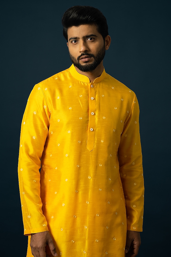 Bright Yellow Bam Silk Thread Work Kurta Set by YOSEBA at Pernia's Pop Up Shop