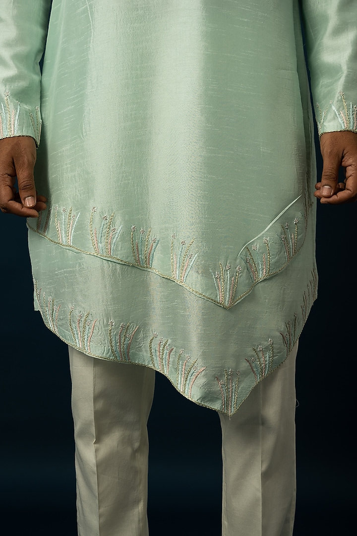 Light Green Bam Silk Thread Work Kurta Set by YOSEBA at Pernia's Pop Up Shop