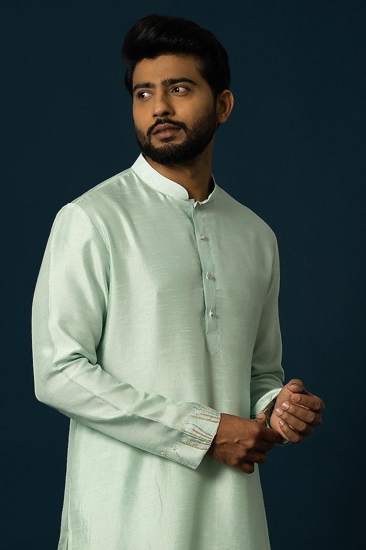 Light Green Bam Silk Thread Work Kurta Set by YOSEBA at Pernia's Pop Up Shop