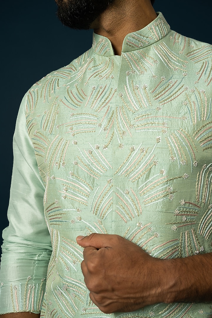 Light Green Bam Silk Floral Work Nehru Jacket Set by YOSEBA at Pernia's Pop Up Shop