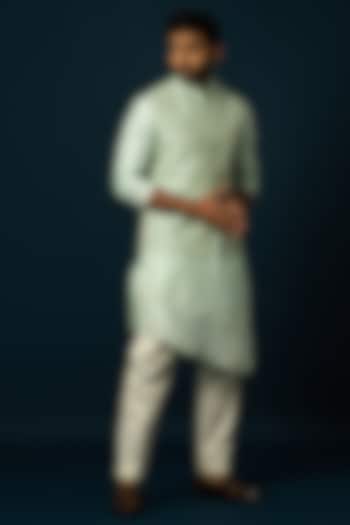 Light Green Bam Silk Jaal Work Nehru Jacket by YOSEBA at Pernia's Pop Up Shop